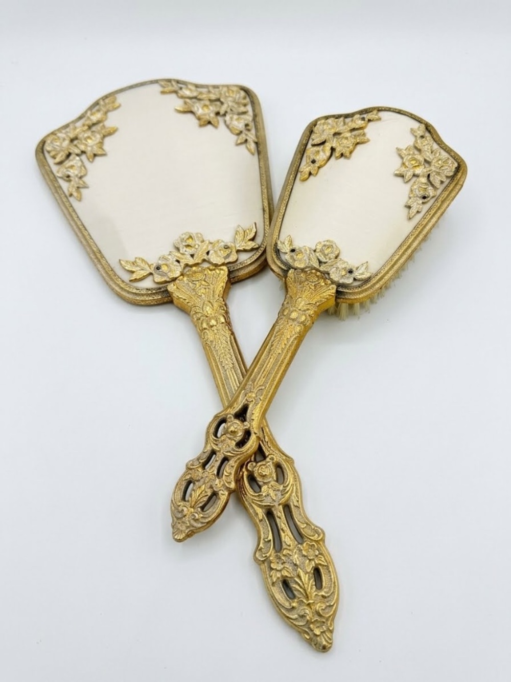 Vintage Gold Filigree Heavy Hand Mirror & Brush Vanity Set Hollywood Regency